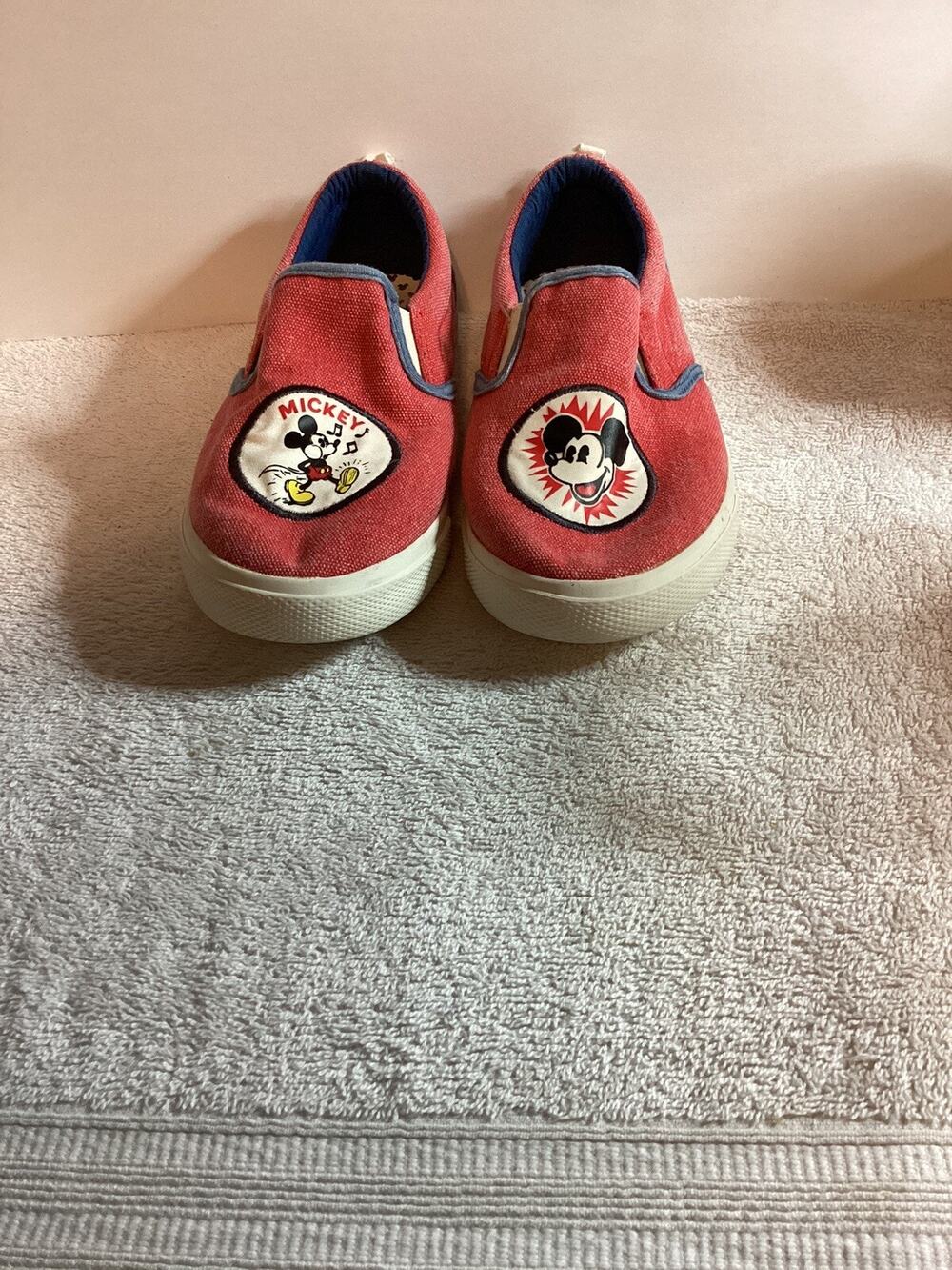Disney Mickey Mouse Sneakers Denim Red Canvas Slip On Shoes Youth SZ 3